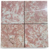 Four polished Rosé Aurora Marble 12x12 tiles with pinkish-red base and veining