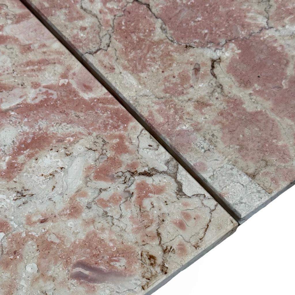 Rosé Aurora Marble 12X12 polished tiles featuring rose and beige marble with natural veining
