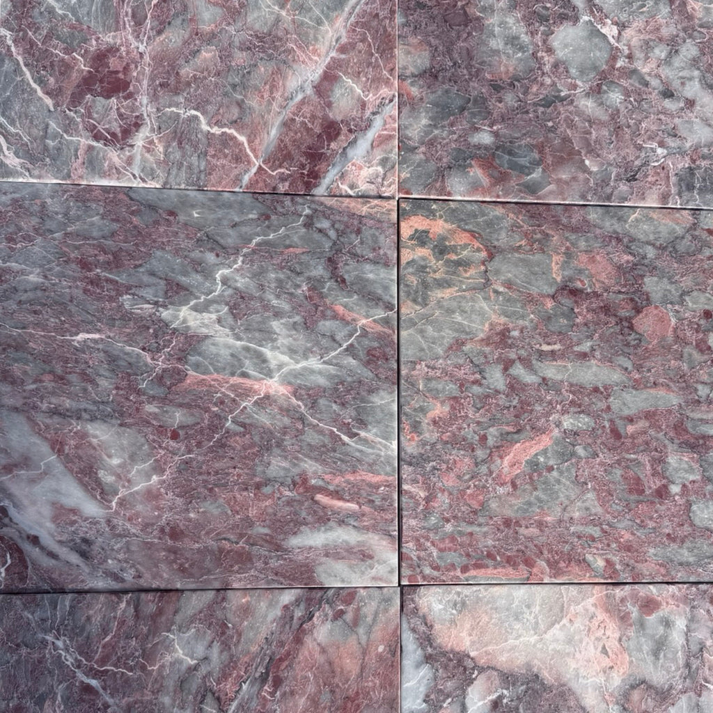 Polished Rosetta Storm Marble 12x12 tile with dark gray and pink veining