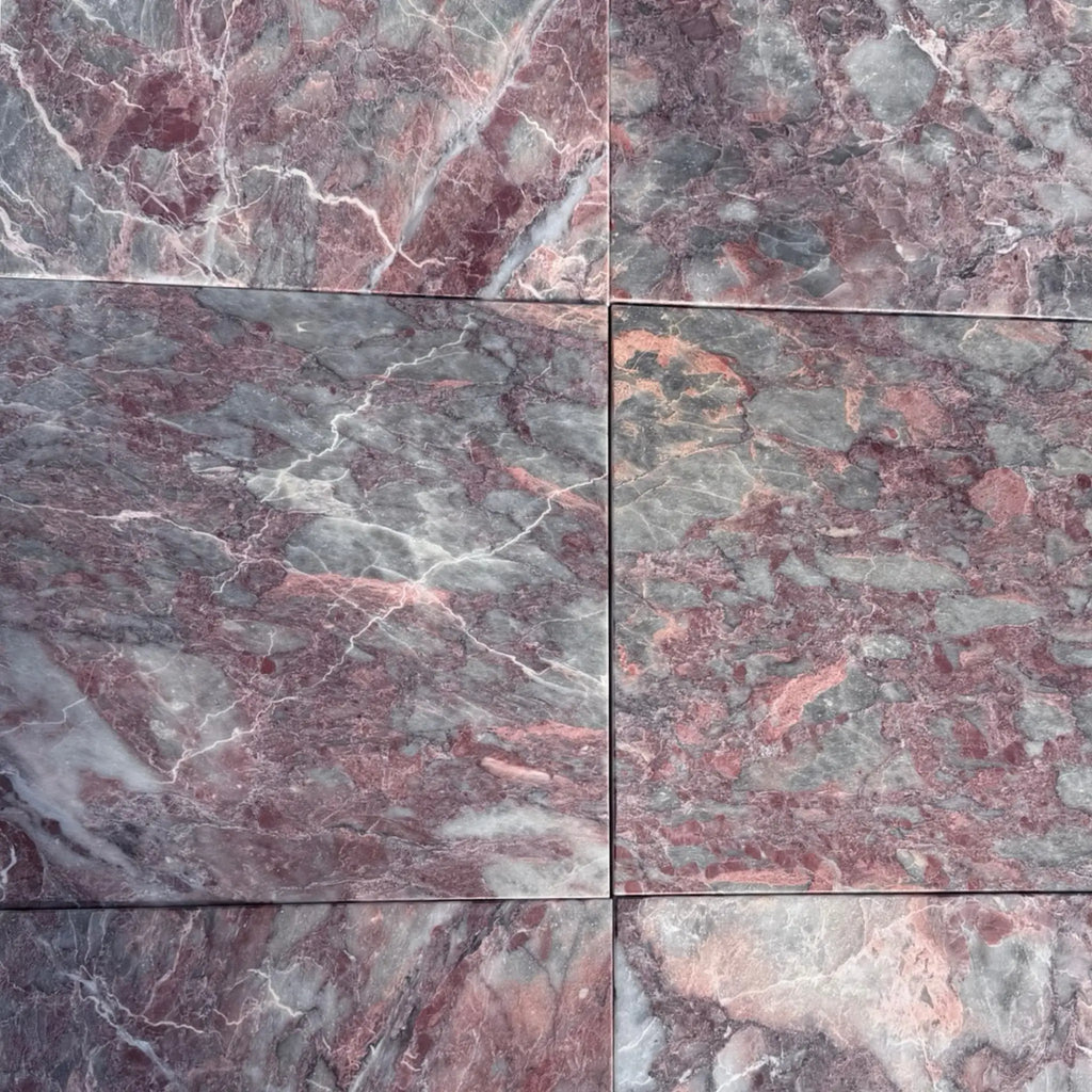 Polished Rosetta Storm Marble 12x12 tile with dark gray and pink veining