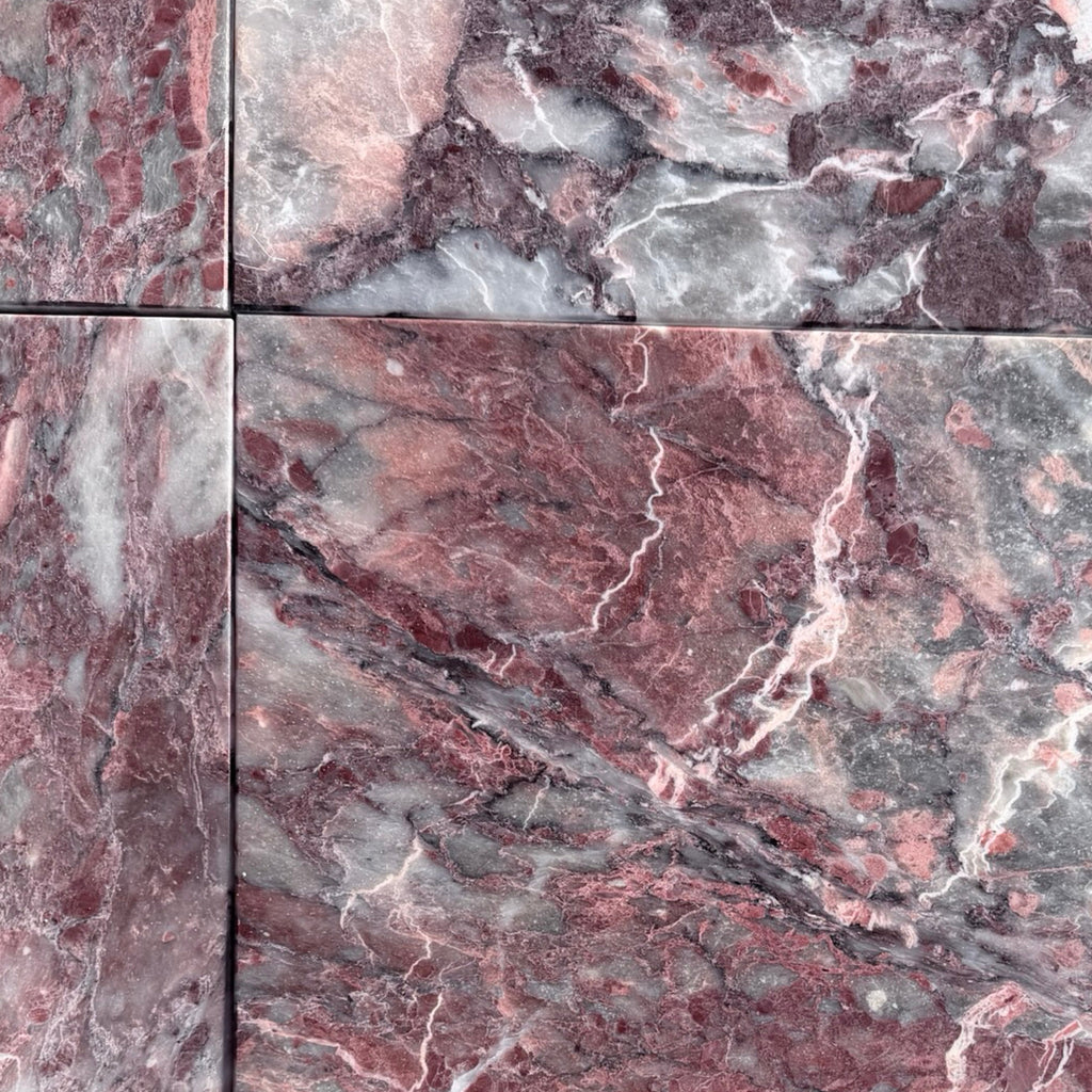Pink and gray Rosetta Storm Marble coaster set with veining, 12x12 polished