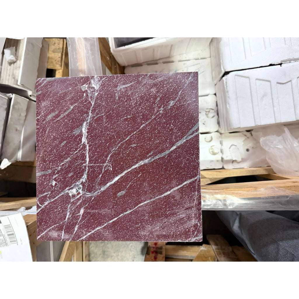 Polished Rosso Laguna Marble slab with dark red color and prominent white grey veining