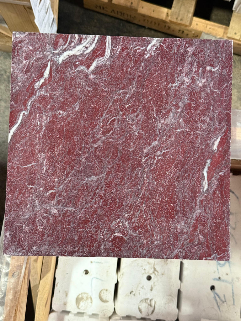 Rectangular slab of Rosso Laguna Marble with deep red color and prominent white gray veining