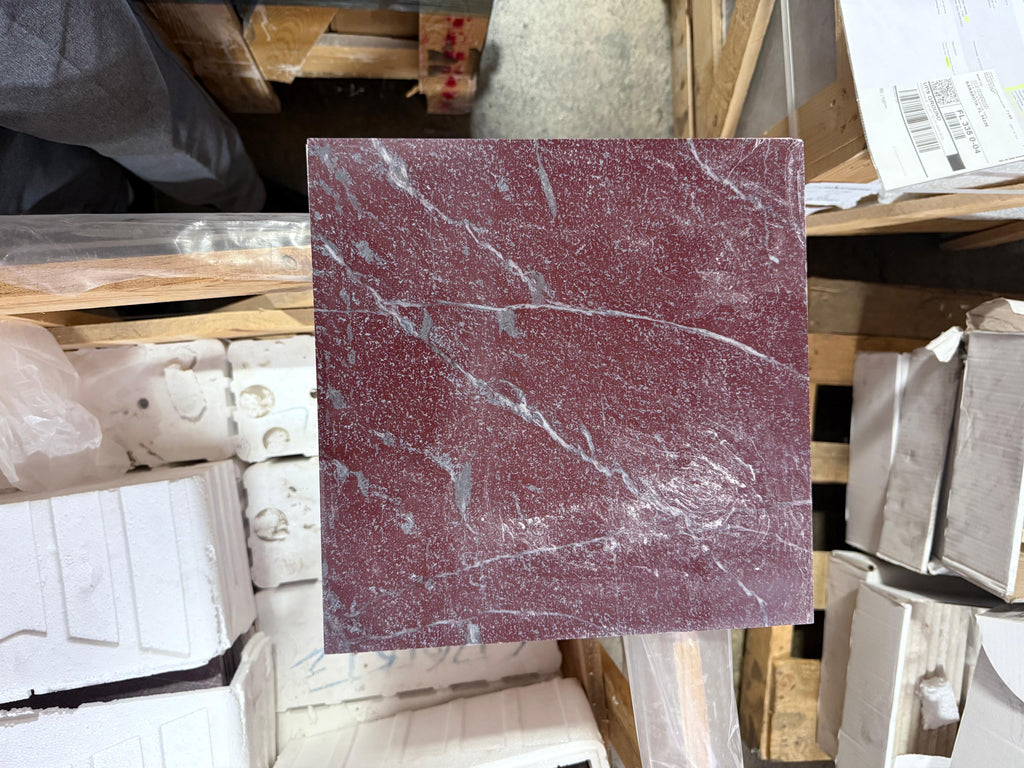 Square Rosso Laguna Marble tile with reddish-purple color and prominent white gray veining