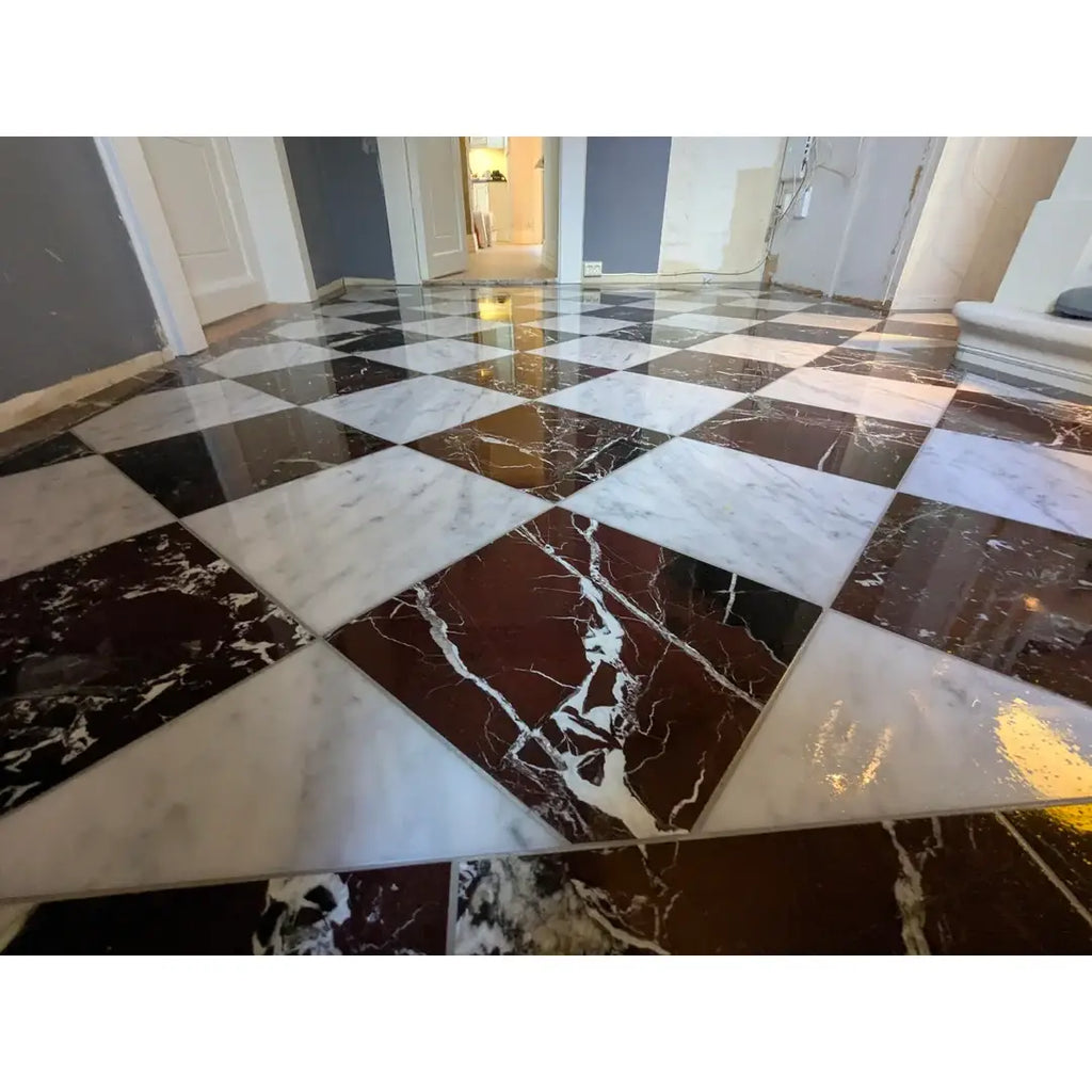 Polished Rosso Levanto breccia vino marble 12x12 tiles in black and white checkerboard pattern