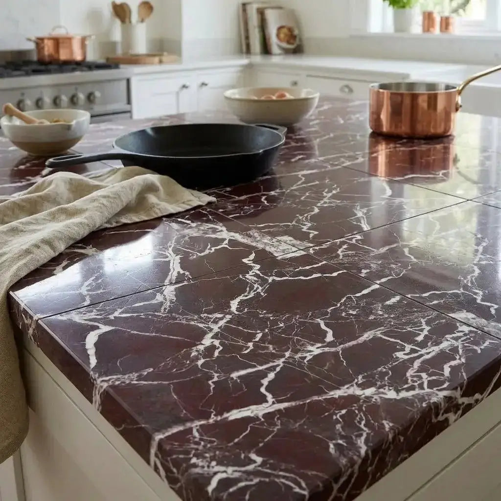 Polished Rosso Levanto marble 12x12 countertop with dark brown color and intricate white veining