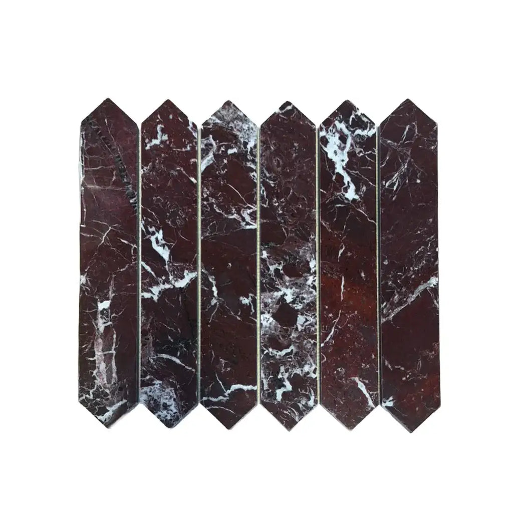 Rosso Levanto breccia vino marble polished 12x12 with six elongated pointed deep burgundy tiles and white veining