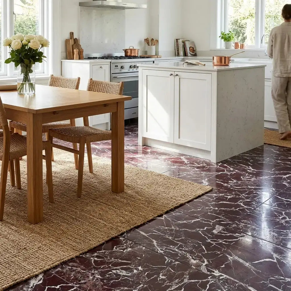 Rosso Levanto breccia vino marble 12x12 polished tile displayed on a light wood dining table with wicker chairs