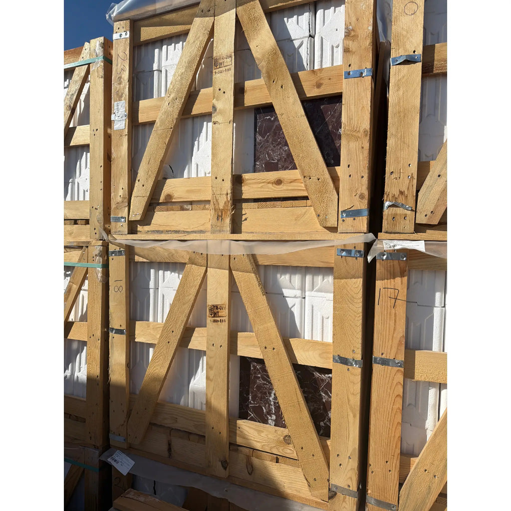 Polished Rosso Levanto Marble 12x12 Tile in Brown Wooden Crate