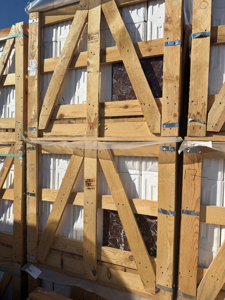 Polished Rosso Levanto Marble 12x12 Tile in Brown Wooden Crate