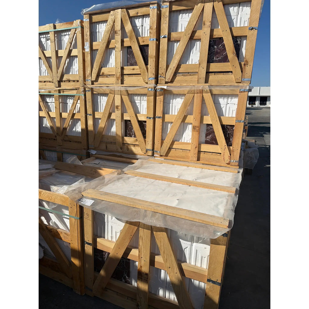 Polished Rosso Levanto Breccia Vino Marble 12x12 Tile in Wooden Crate with Foam Padding and Straps