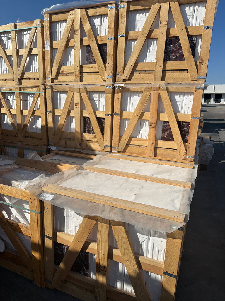 Polished Rosso Levanto Breccia Vino Marble 12x12 Tile in Wooden Crate with Foam Padding and Straps