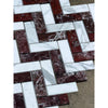 Rosso Levanto and Italian Statuary 1x4 herringbone mosaic marble tile featuring polished white and deep red veined stone