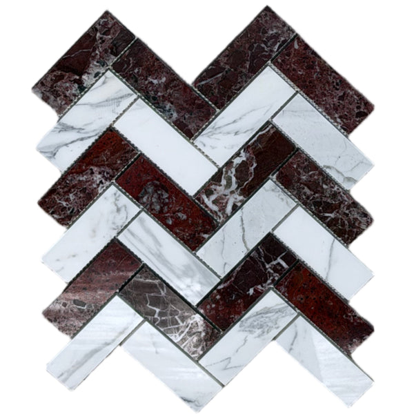 Herringbone mosaic marble tile featuring polished honed rosso levanto and italian statuary slabs with natural veining