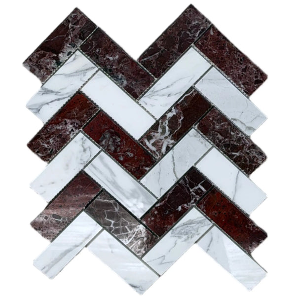 Herringbone mosaic marble tile featuring polished honed rosso levanto and italian statuary slabs with natural veining