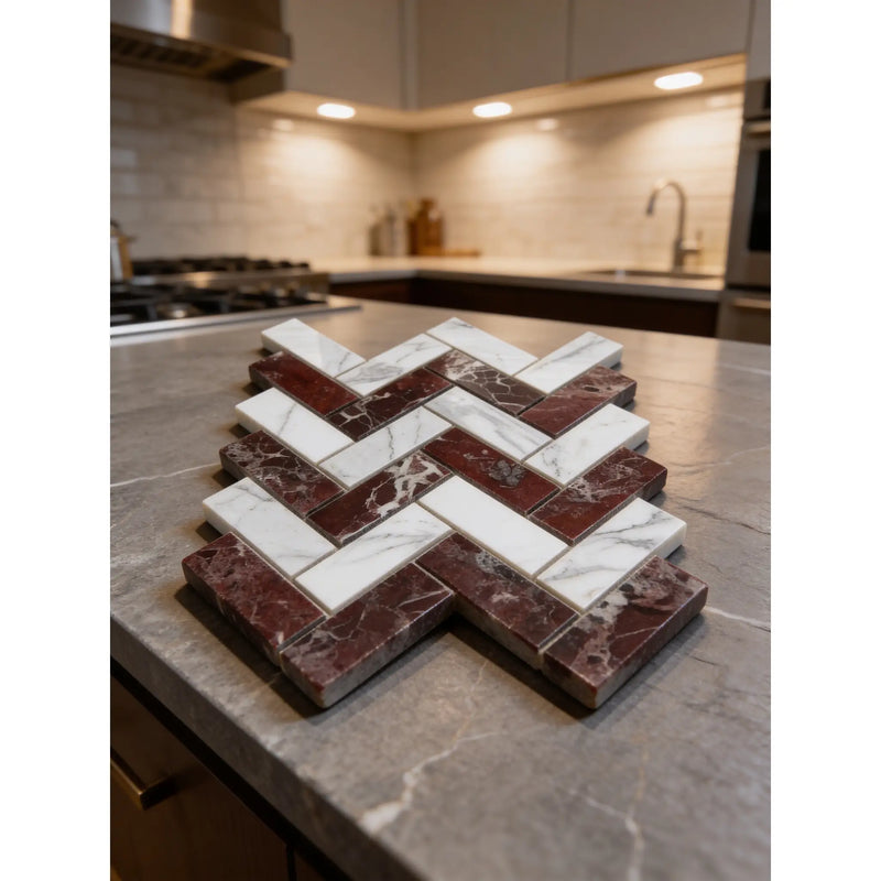 Rosso levanto and italian statuary red and white marble 1x4 polished-honed herringbone mosaic tiles
