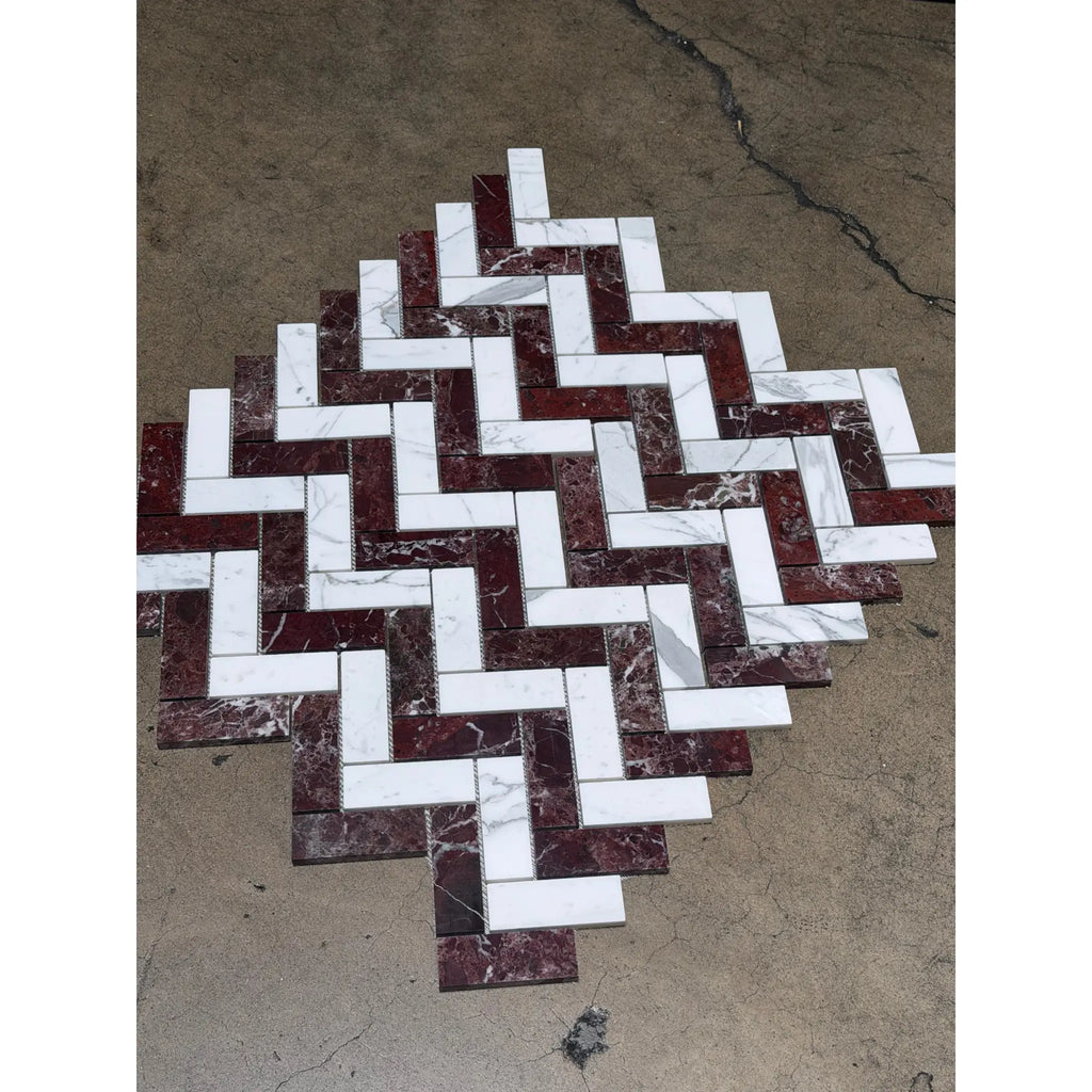 Rosso Levanto and Italian Statuary herringbone mosaic marble tile with polished-honed finish in white and deep red colors