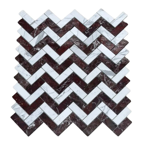 Rosso Levanto and Italian Statuary herringbone mosaic marble panel with polished honed white and dark brown rectangles