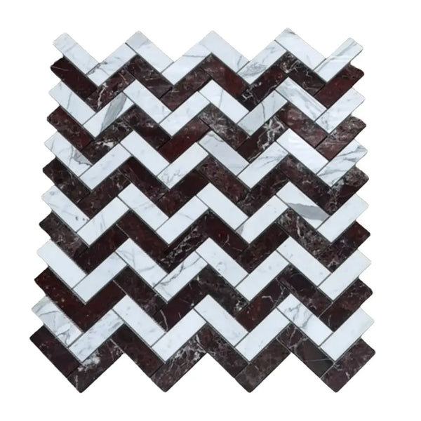 Rosso Levanto and Italian Statuary herringbone mosaic marble panel with polished honed white and dark brown rectangles