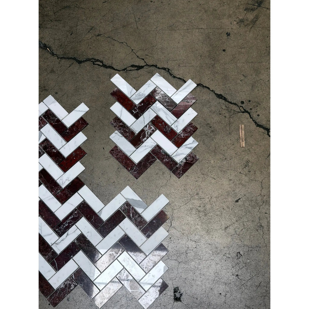 White and dark red marble tiles in a polished-honed herringbone pattern Rosso Levanto and Italian Statuary mosaic
