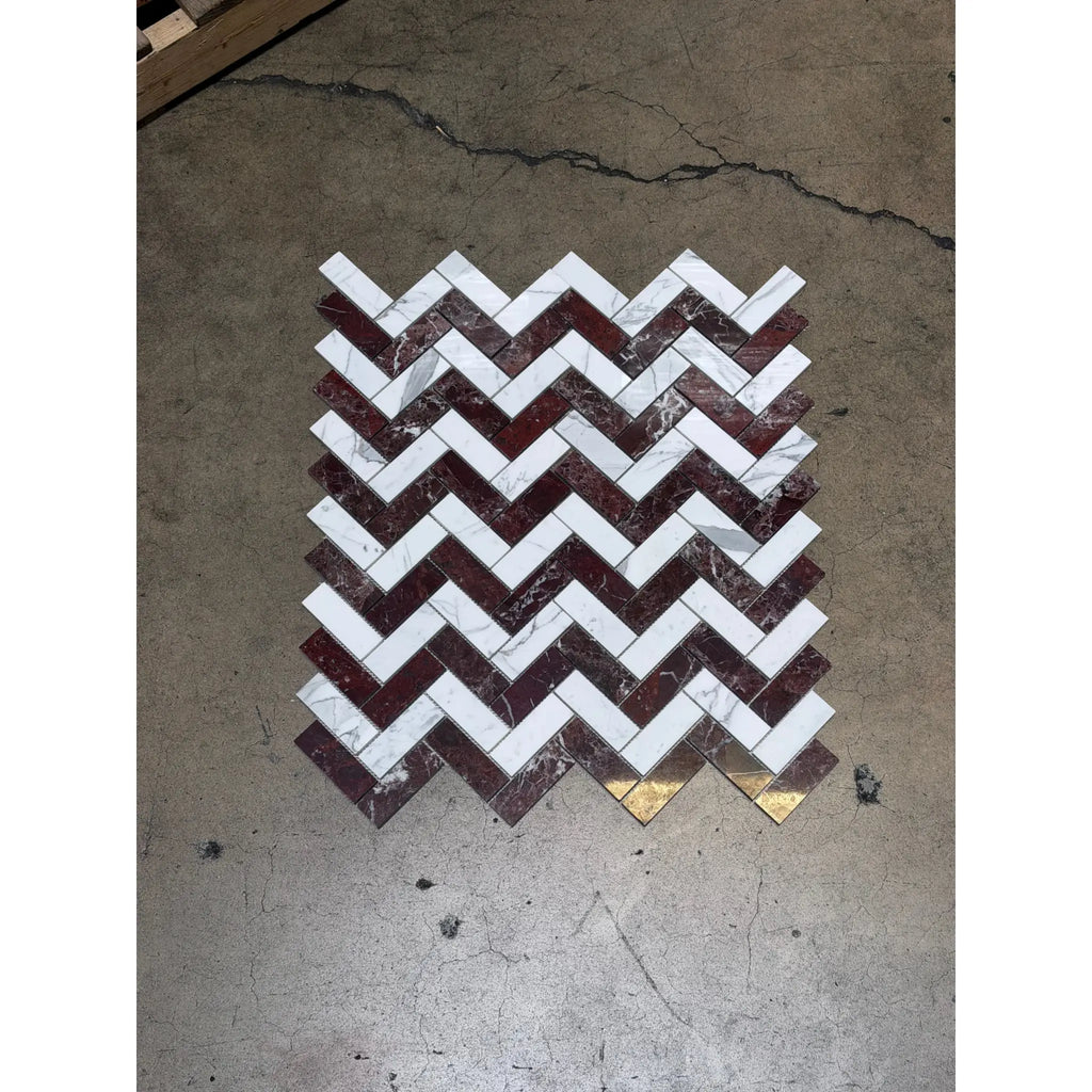 Rosso Levanto and Italian Statuary polished-honed 1x4 herringbone mosaic marble tile panel with white burgundy and gold accents