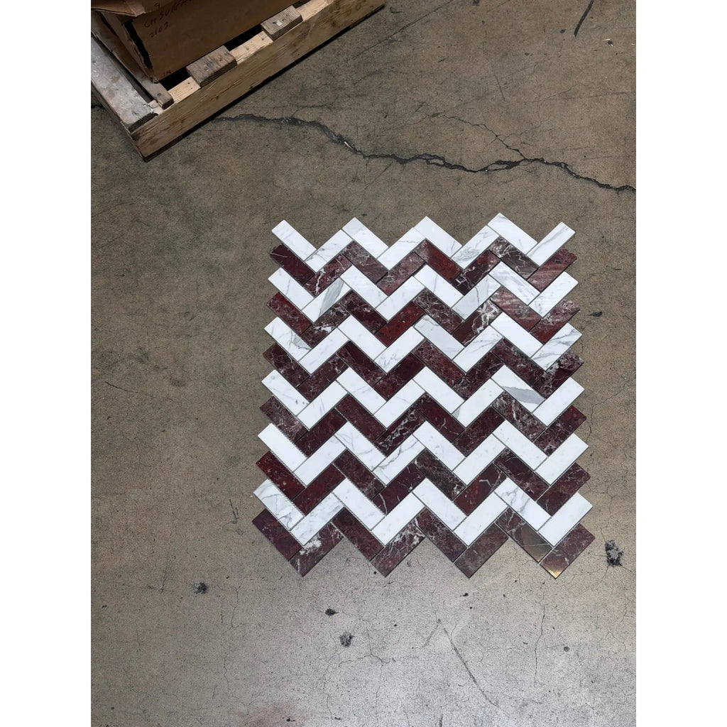 Rosso Levanto and Italian Statuary herringbone mosaic marble tile in polished honed alternating white and deep burgundy