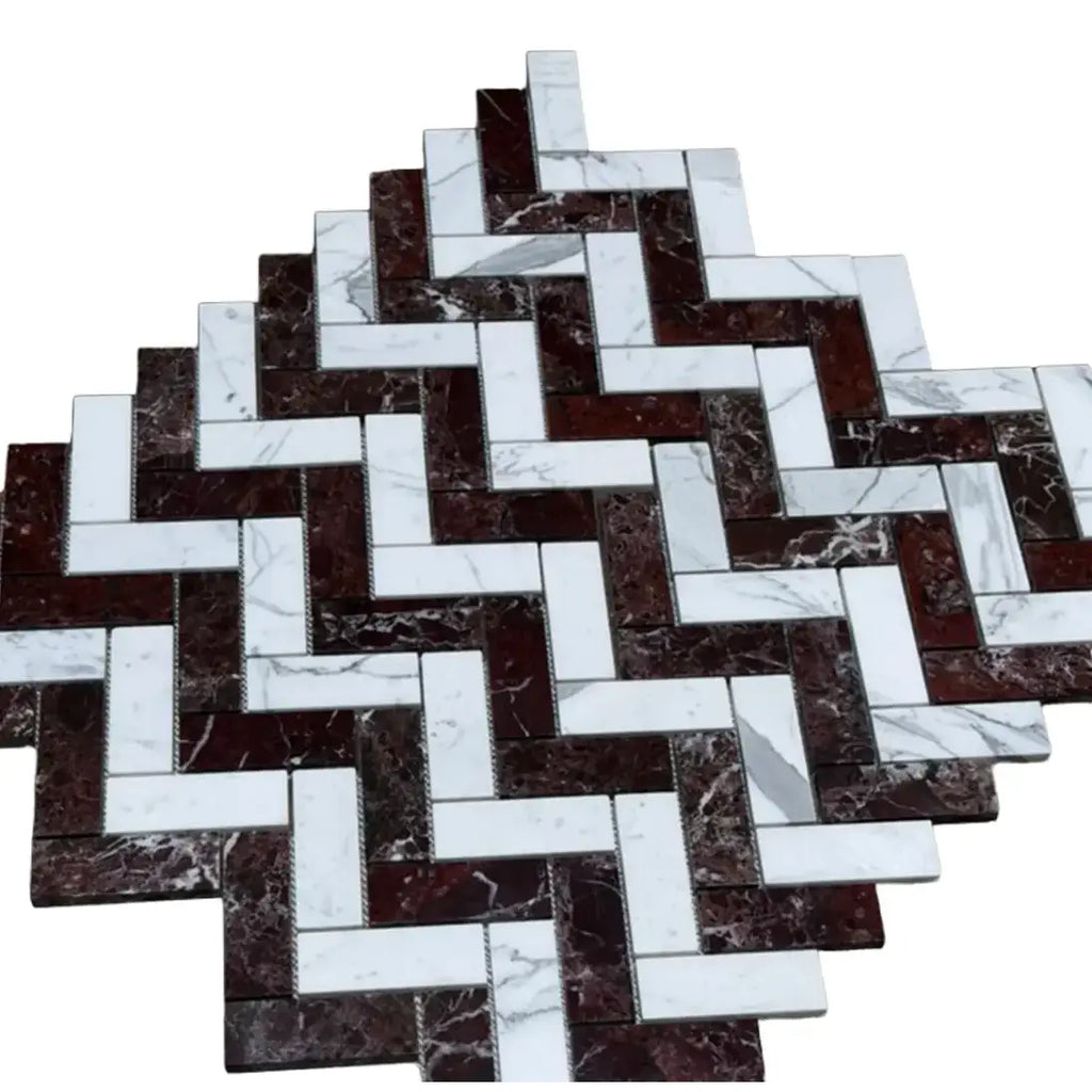 A herringbone mosaic marble tile panel with polished-honed Rosso Levanto and Italian Statuary in white and burgundy