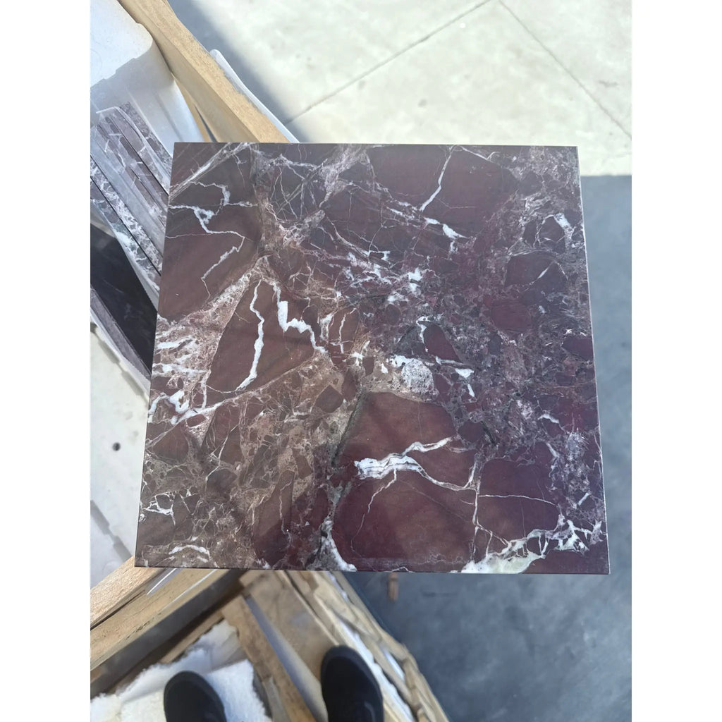 Square marble tile featuring elegant white veining in Rosso Levanto Marble 12X12 Polished
