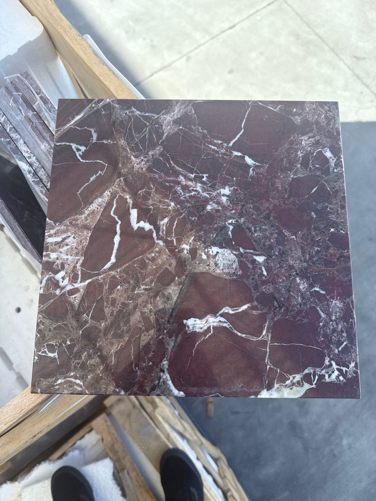 Square marble tile featuring elegant white veining in Rosso Levanto Marble 12X12 Polished