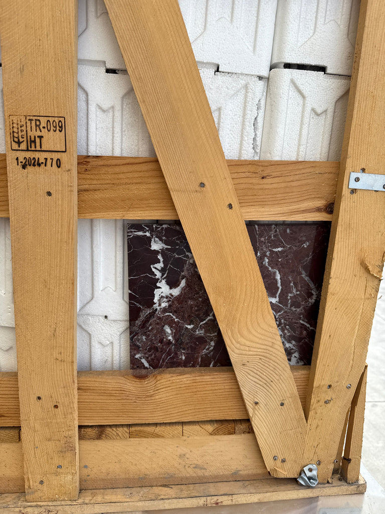 Wooden crate containing Rosso Levanto Marble 12X12 Polished tiles