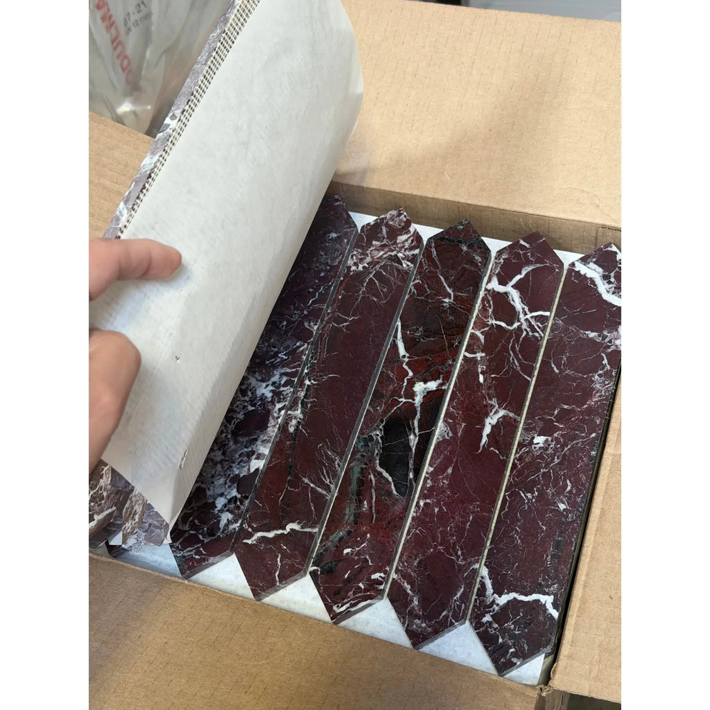 Polished Rosso Levanto picket mosaic marble tile with deep burgundy and white veining