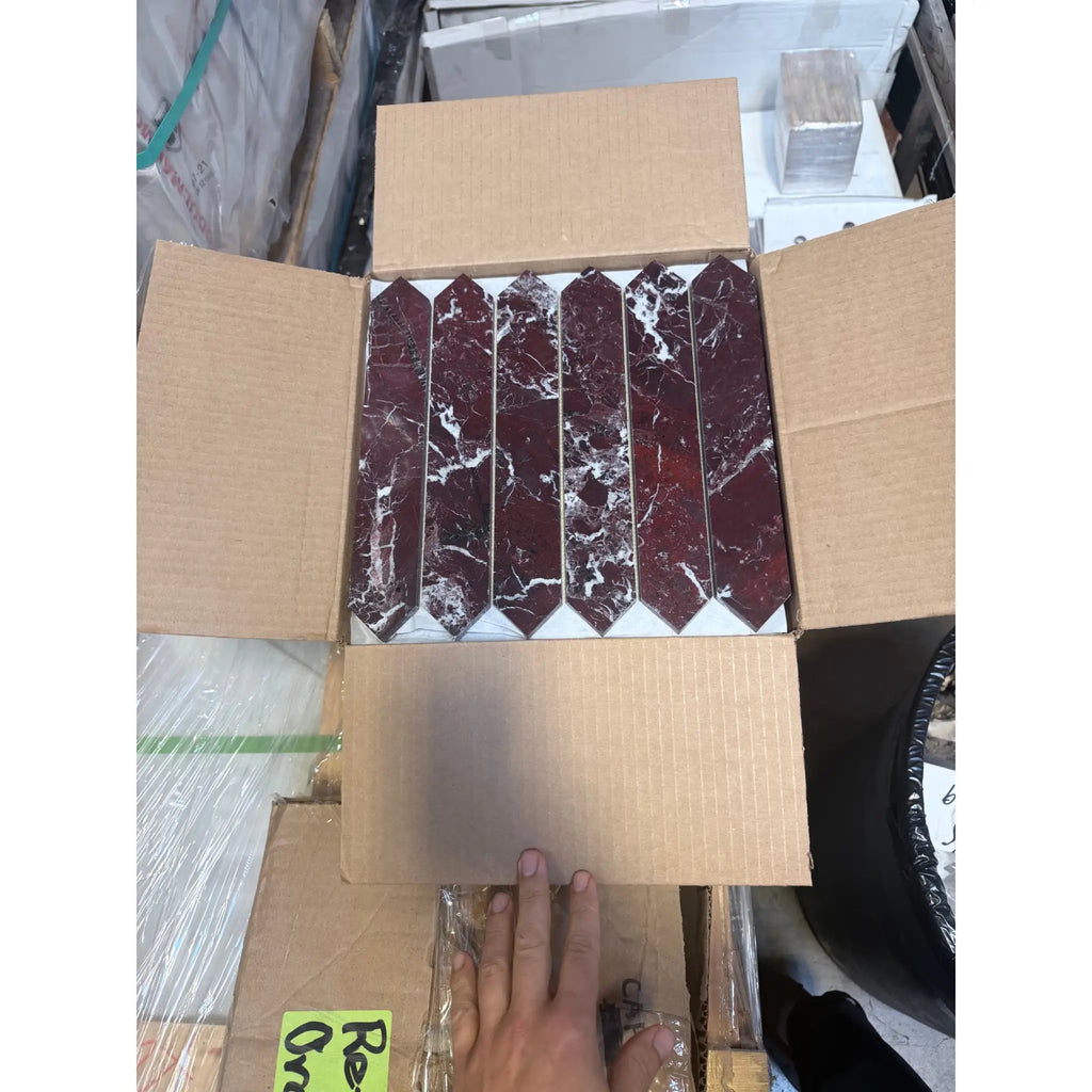 Rosso Levanto picket mosaic marble tile, polished deep red with white veining in box