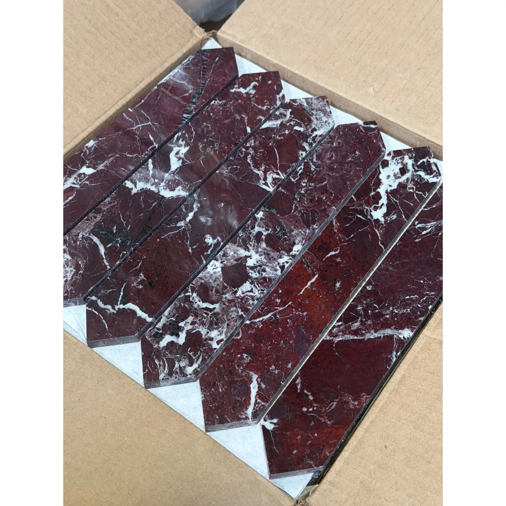 Polished Rosso Levanto picket mosaic marble tile with deep red and white veins