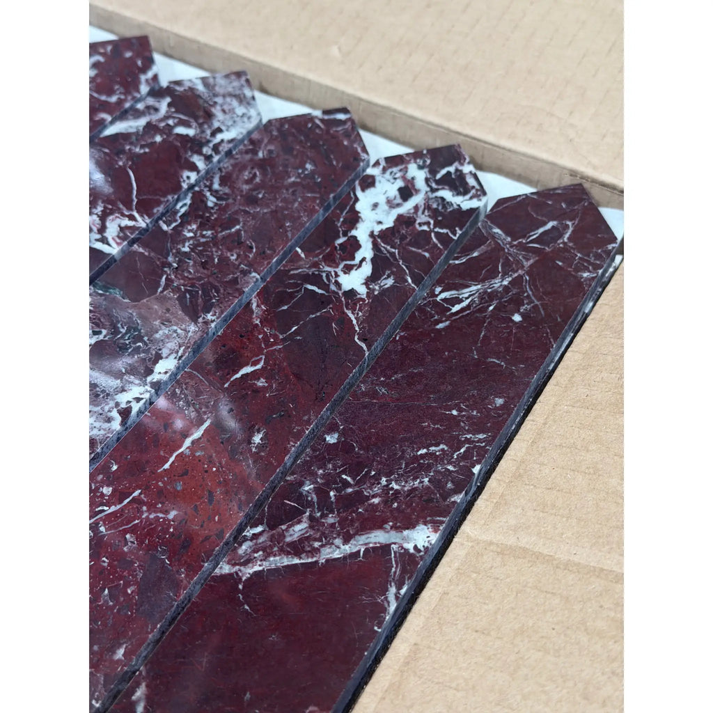 Polished Rosso Levanto picket mosaic marble tile with deep red and white veining