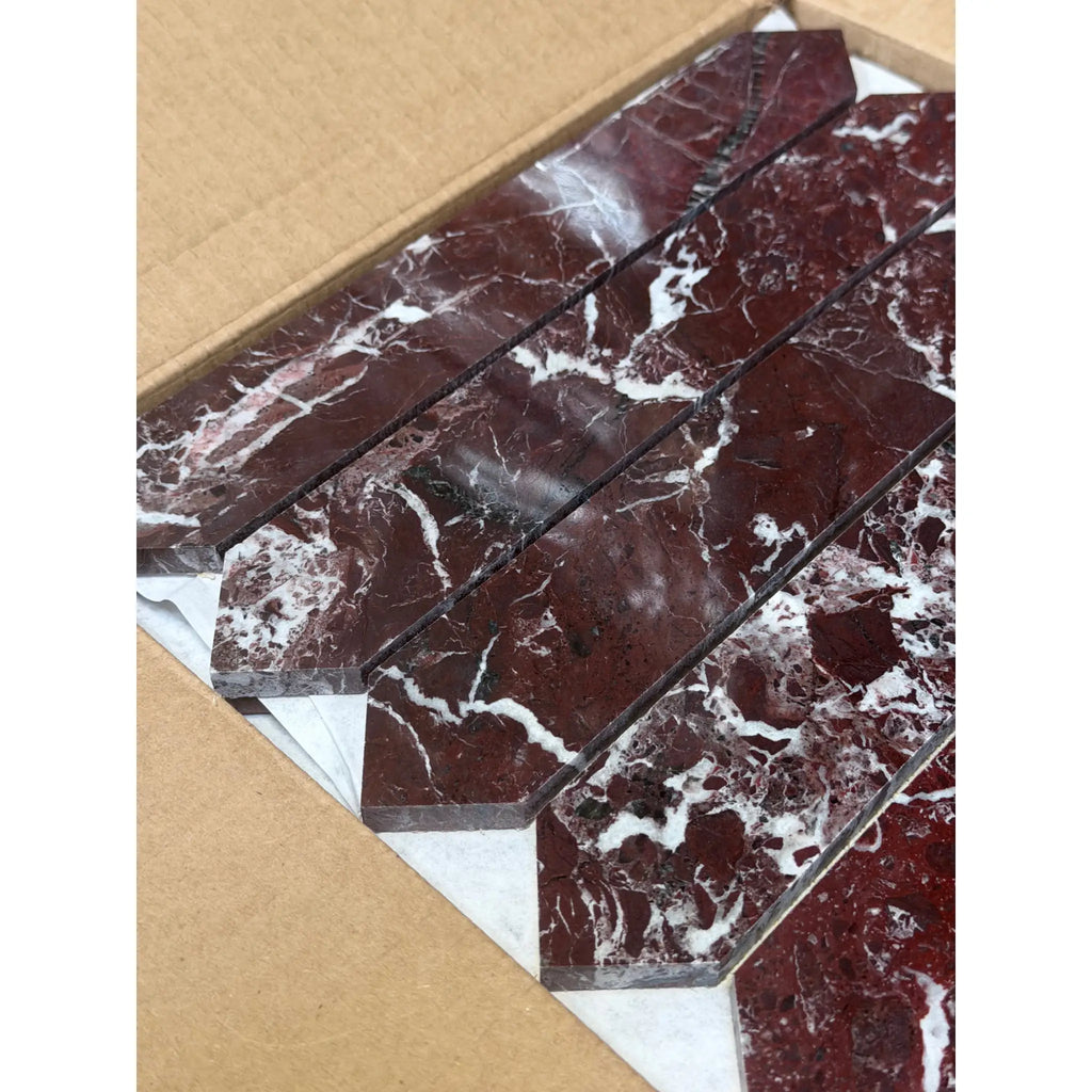 Polished Rosso Levanto picket mosaic marble tile with deep red stone and elegant white gray veining in geometric pattern