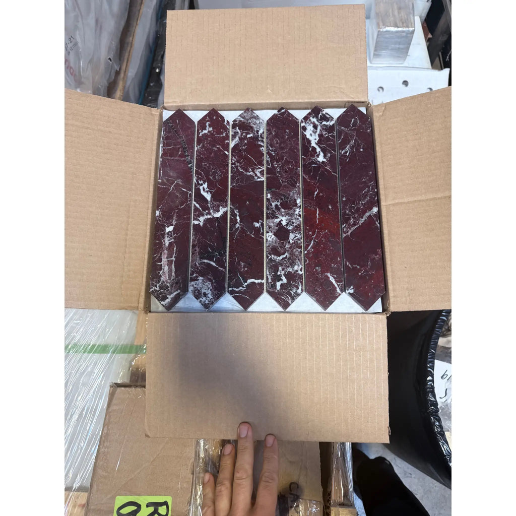 Polished Rosso Levanto picket mosaic marble tile in box, deep red with white veins
