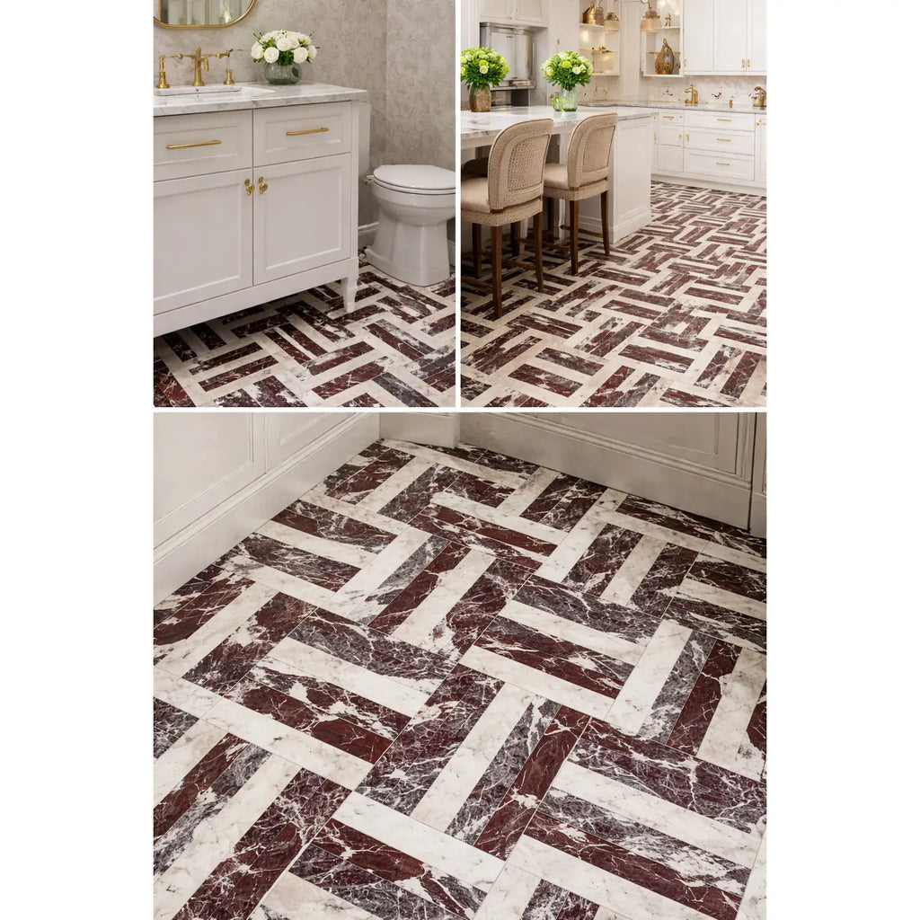 Elegant herringbone burgundy and white Rosso Levanto-Calacatta Viola marble tiles