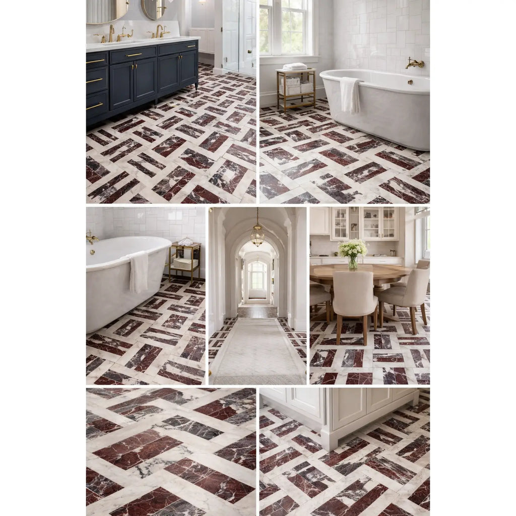 Herringbone pattern in Checkerboard Rosso Levanto Calacatta Viola Imperiale marble
