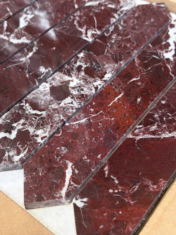 Rich burgundy Rosso Levanto picket mosaic marble tile, polished with white veins in diagonal pattern