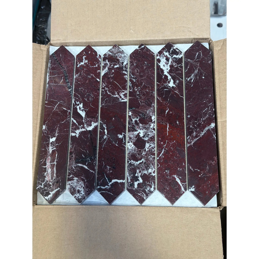 Six Rosso Levanto polished marble tiles with white veining in box