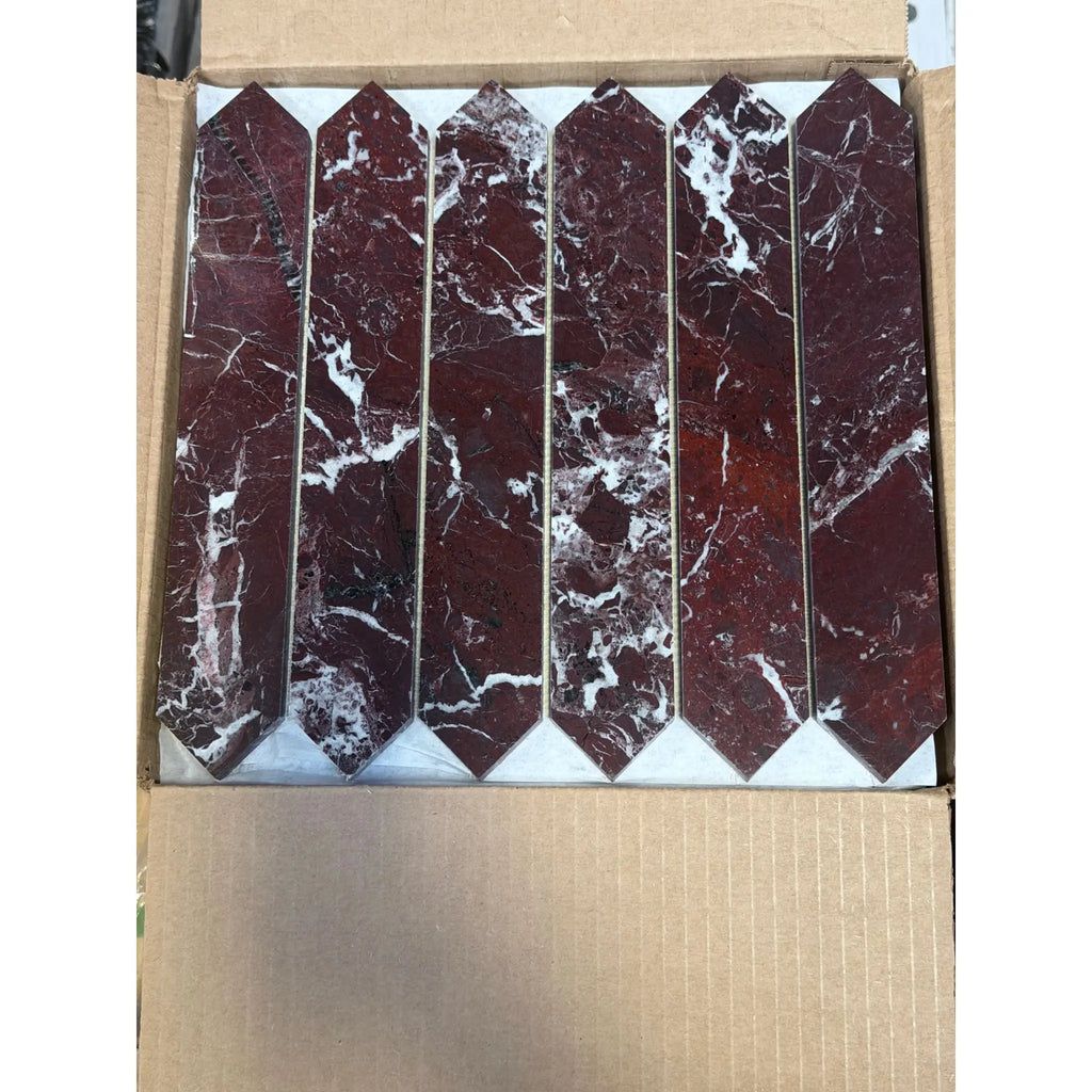 Six Rosso Levanto picket mosaic marble tiles in box