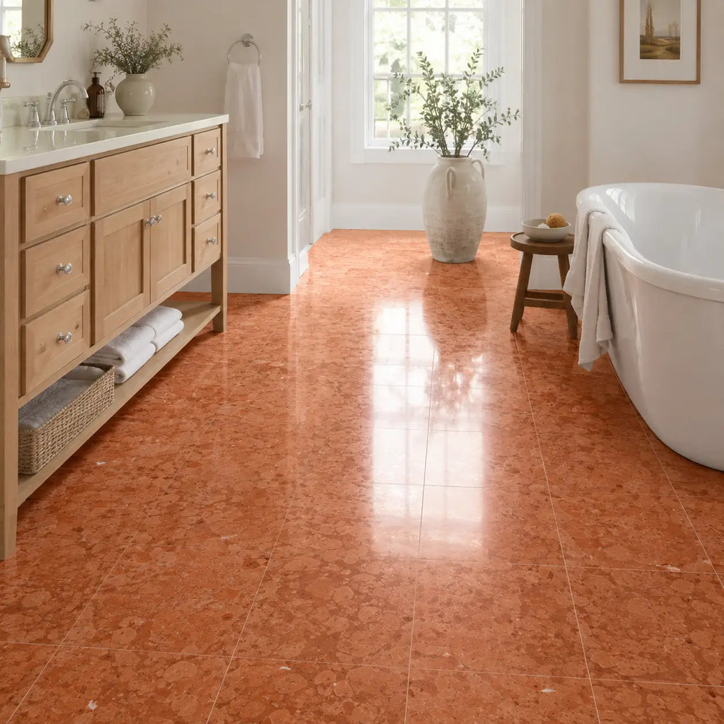 Rosso verona marble 12x12 honed-polished copper-toned marble-effect bathroom floor tiles with glossy finish