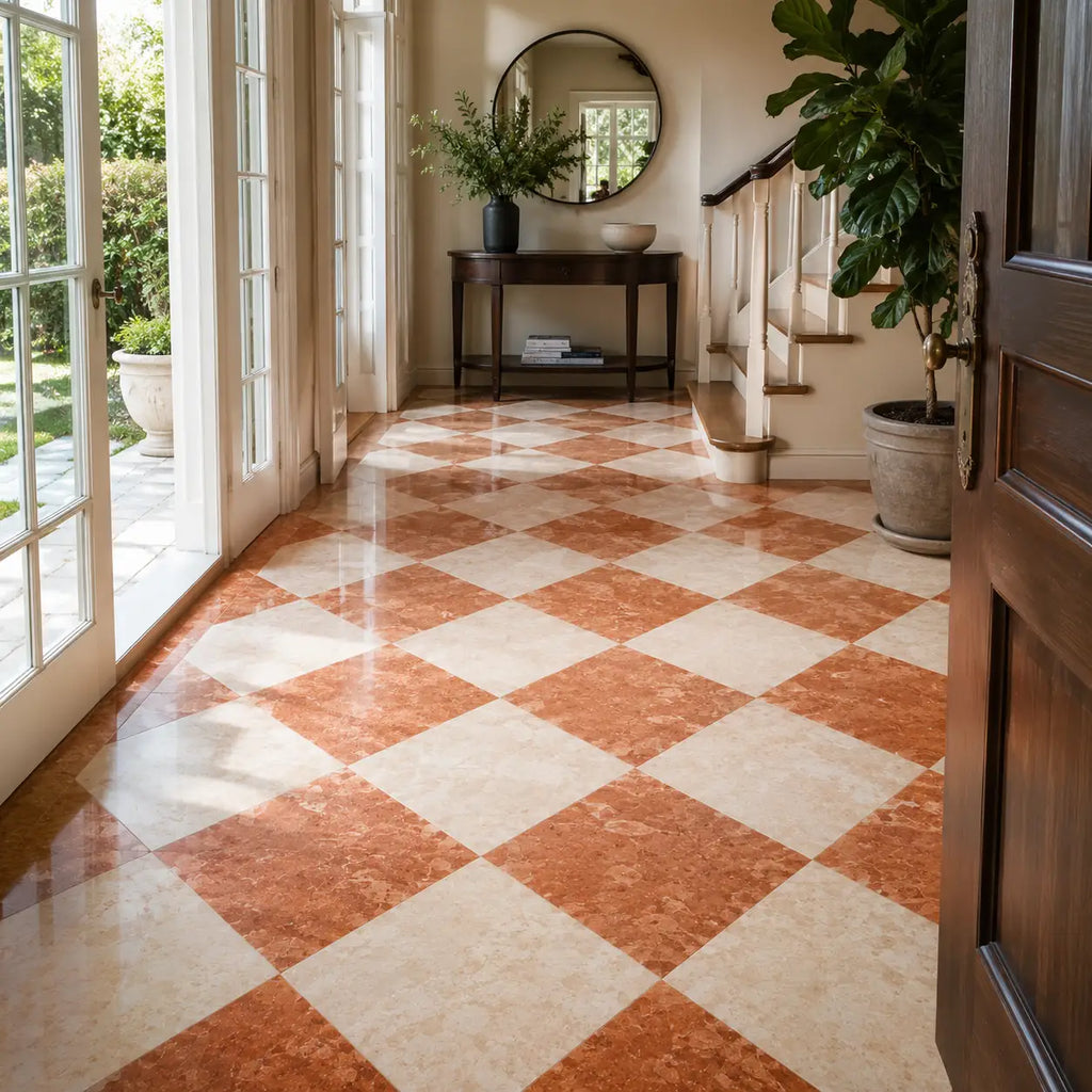 The floor features roso verona marble 12x12 honed-polished tiles in warm terracotta and creamy beige diamond pattern