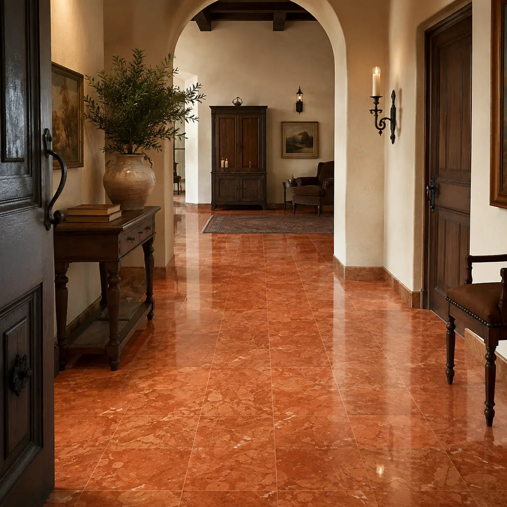 Polished rosso verona marble 12x12 floor tiles with warm earthy terracotta tones and natural veining
