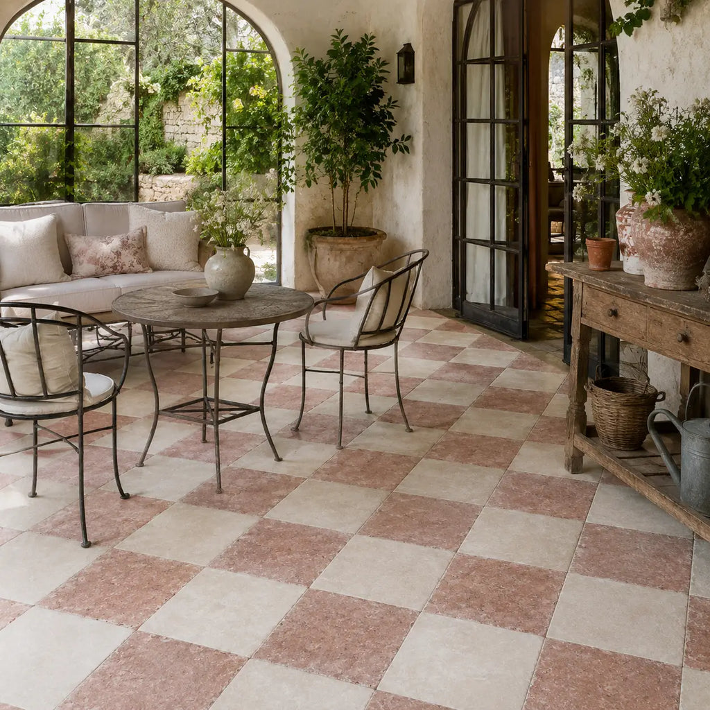 Rosso Verona marble 12x12 tumbled floor tiles in checkerboard pattern with muted terracotta and cream tones