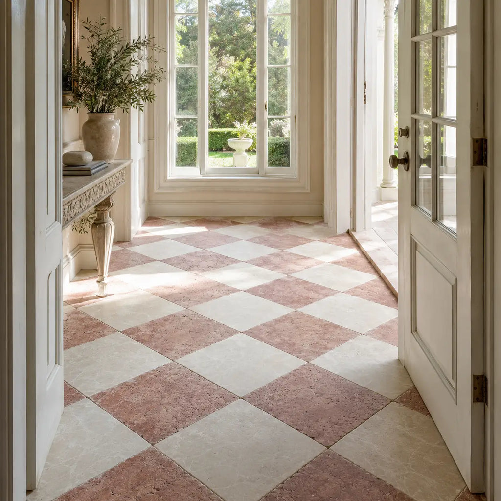 The rosso verona marble 12x12 tumbled floor showcases a classic pink and cream checkerboard stone tile pattern