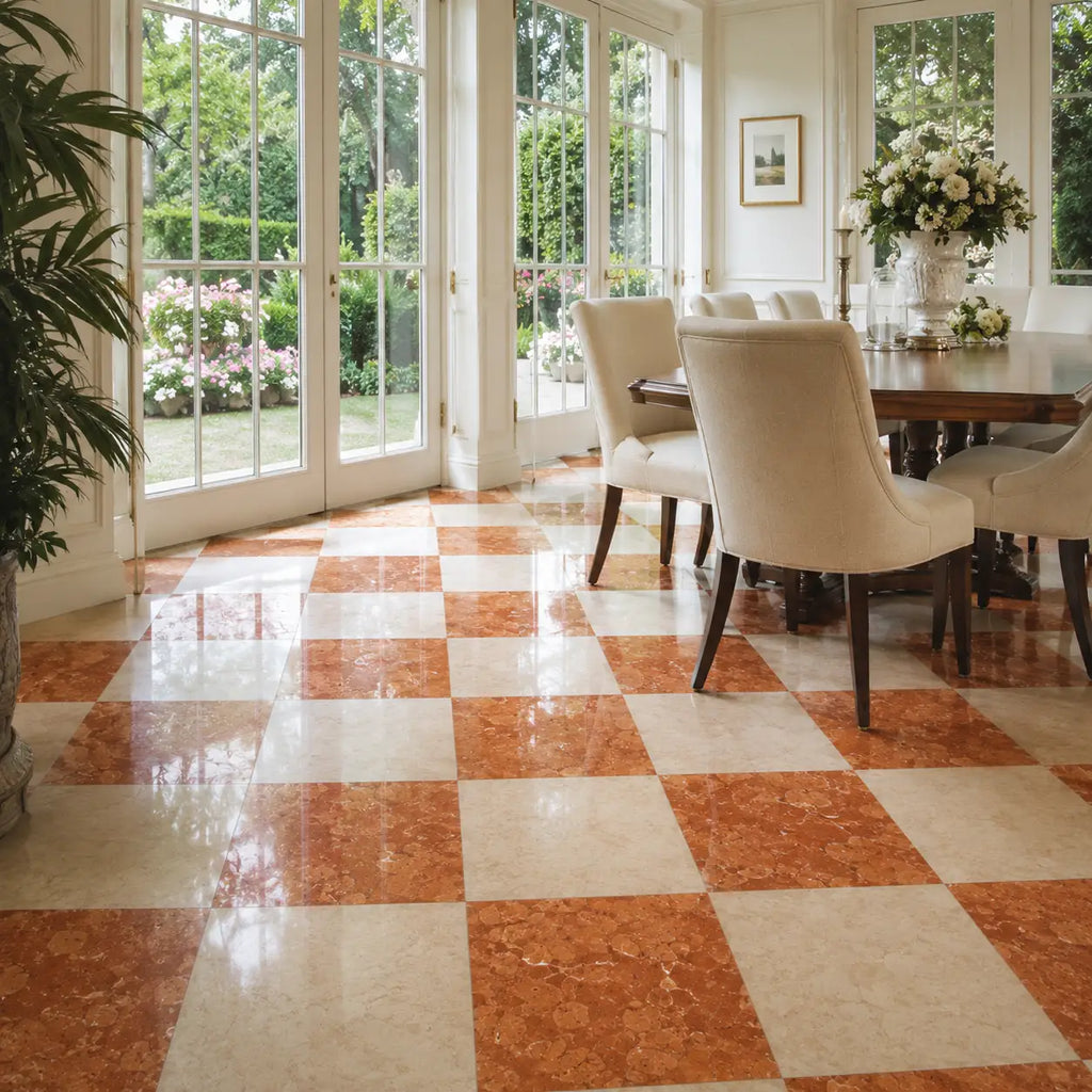 Rosso Verona Marble 12x12 tumbled floor tiles in a glossy checkered pattern of warm orange and creamy white marble