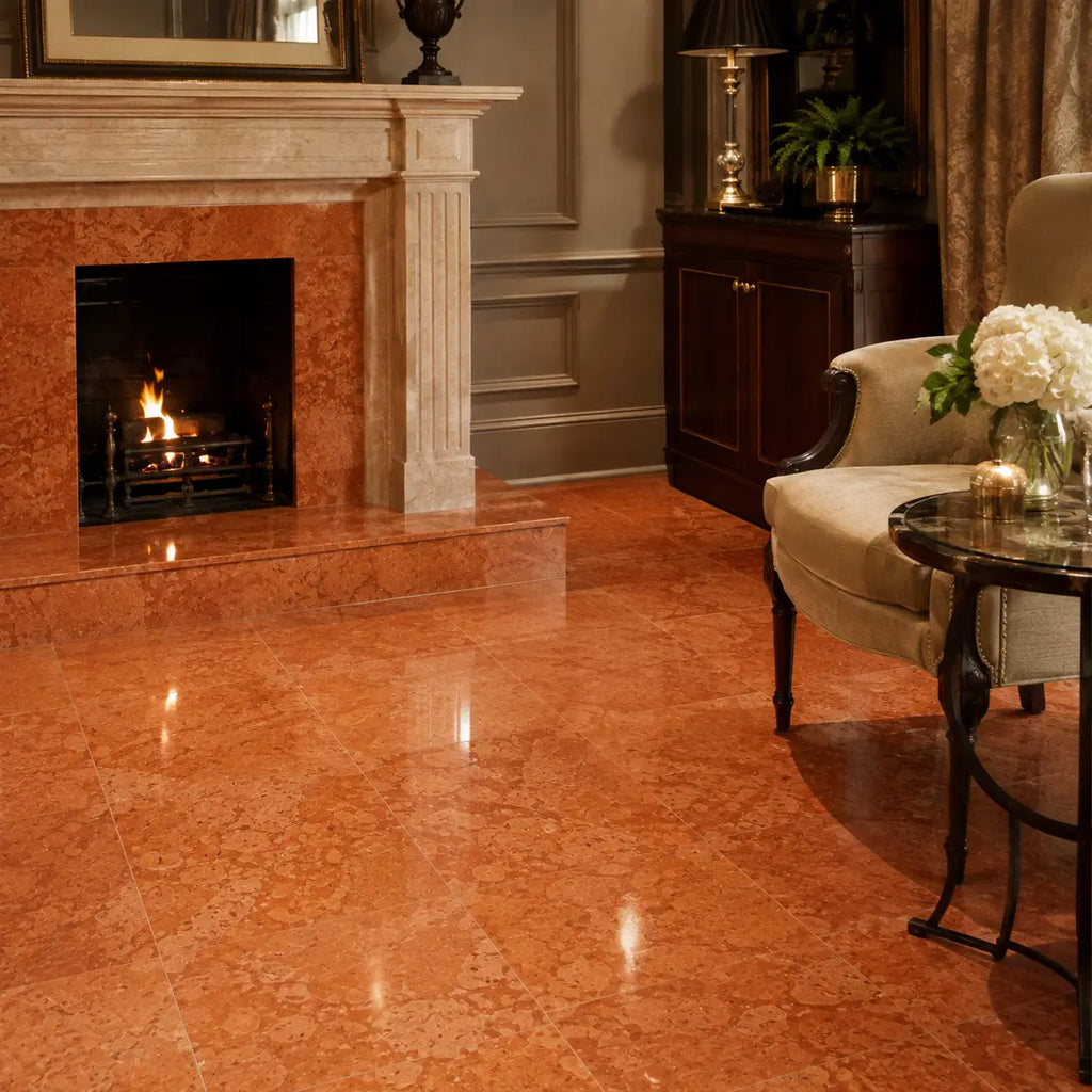 Polished orange rosso verona marble floor tiles with natural veining and glossy finish 12x12 tumbled