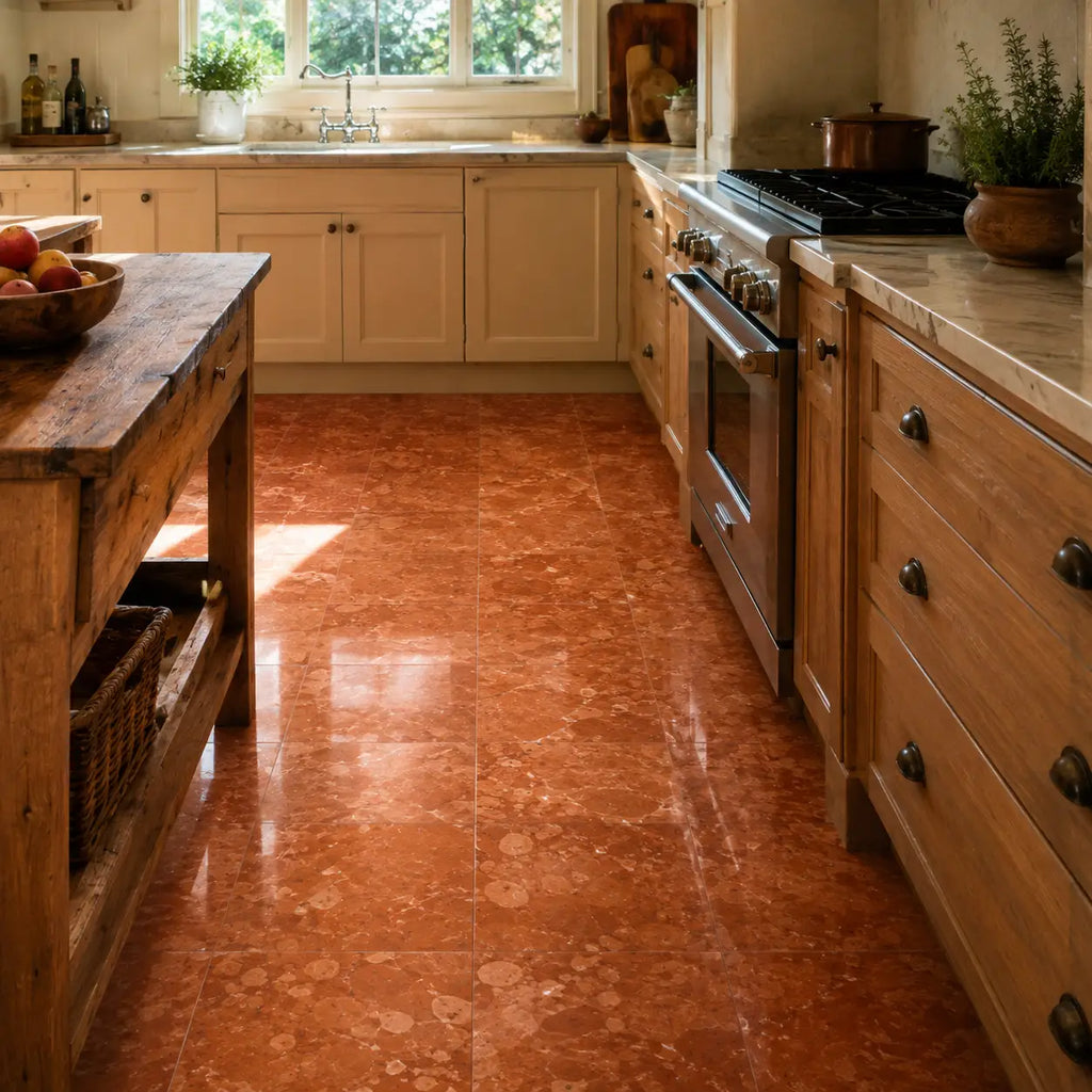 Polished rosso verona marble 12x12 tumbled floor tiles with warm earthy hues and natural terracotta veining