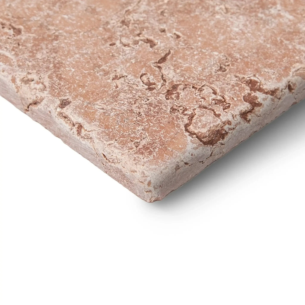 Rosso Verona marble 12x12 tumbled tile featuring a rustic textured pinkish brown stone with a natural weathered surface